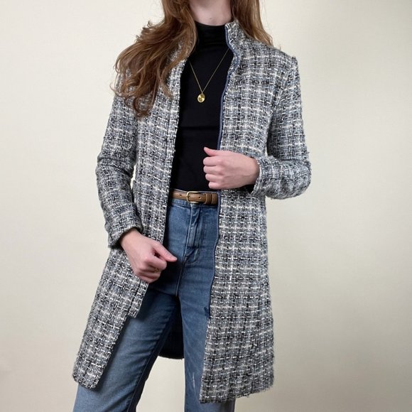 Vintage Jackets & Blazers - Vintage Silk Tweed Long Trench Jacket Peacoat Light Woven Preppy Light Academia